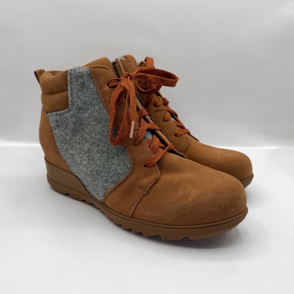 Sorel Evie Wedge Ankle Bootie Lace Waterproof Velvet Tan Suede Size 9.5
